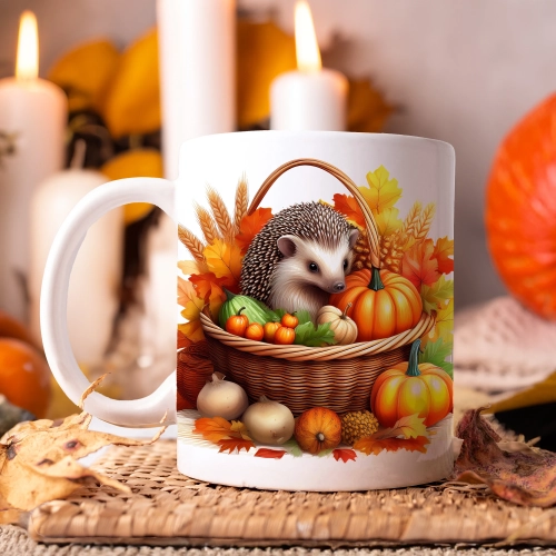 JESIENNY KUBEK 330ml NA HERBATĘ KAWĘ NA PREZENT JESIEŃ DYNIA  JEŻ W KOSZYKU