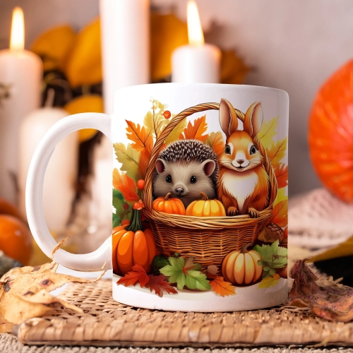 JESIENNY KUBEK 330ml NA HERBATĘ KAWĘ NA PREZENT JESIEŃ DYNIA  JEŻ ZAJĄC W KOSZYKU