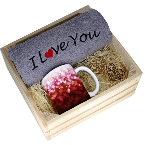 KOMPLET PREZENT KUBEK RĘCZNIK SKRZYNKA WALENTYNKI