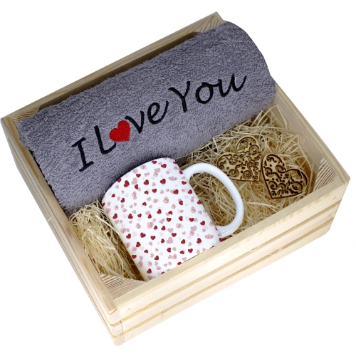 KOMPLET PREZENT KUBEK RĘCZNIK SKRZYNKA WALENTYNKI