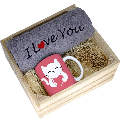 KOMPLET PREZENT KUBEK RĘCZNIK SKRZYNKA WALENTYNKI