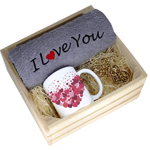 KOMPLET PREZENT KUBEK RĘCZNIK SKRZYNKA WALENTYNKI