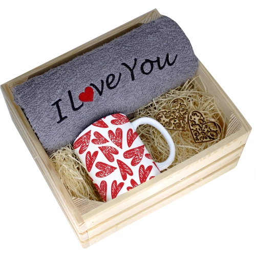 KOMPLET PREZENT KUBEK RĘCZNIK SKRZYNKA WALENTYNKI