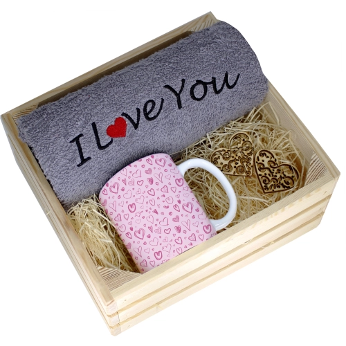 KOMPLET PREZENT KUBEK RĘCZNIK SKRZYNKA WALENTYNKI