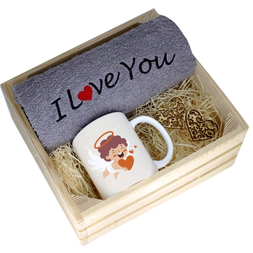 KOMPLET PREZENT KUBEK RĘCZNIK SKRZYNKA WALENTYNKI