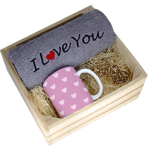 KOMPLET PREZENT KUBEK RĘCZNIK SKRZYNKA WALENTYNKI