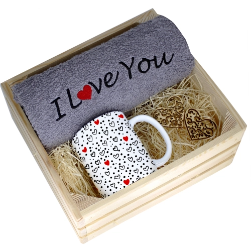 KOMPLET PREZENT KUBEK RĘCZNIK SKRZYNKA WALENTYNKI