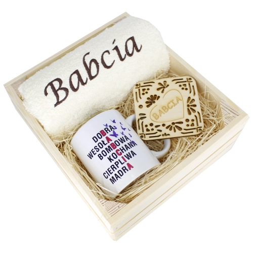 SUPER PREZENT DLA BABCI RĘCZNIK + KUBEK SKRZYNKA