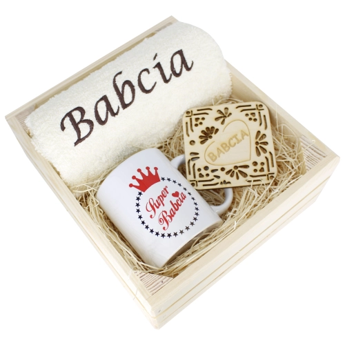 SUPER PREZENT DLA BABCI RĘCZNIK + KUBEK SKRZYNKA
