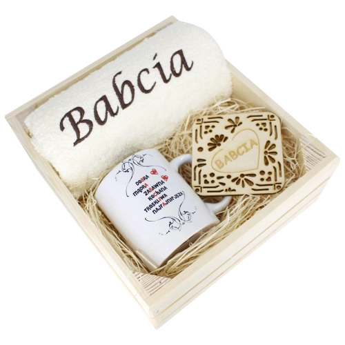 SUPER PREZENT DLA BABCI RĘCZNIK + KUBEK SKRZYNKA
