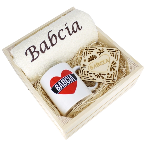SUPER PREZENT DLA BABCI RĘCZNIK + KUBEK SKRZYNKA