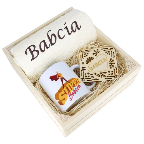 SUPER PREZENT DLA BABCI RĘCZNIK + KUBEK SKRZYNKA