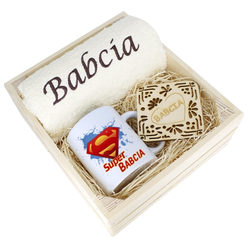 SUPER PREZENT DLA BABCI RĘCZNIK + KUBEK SKRZYNKA
