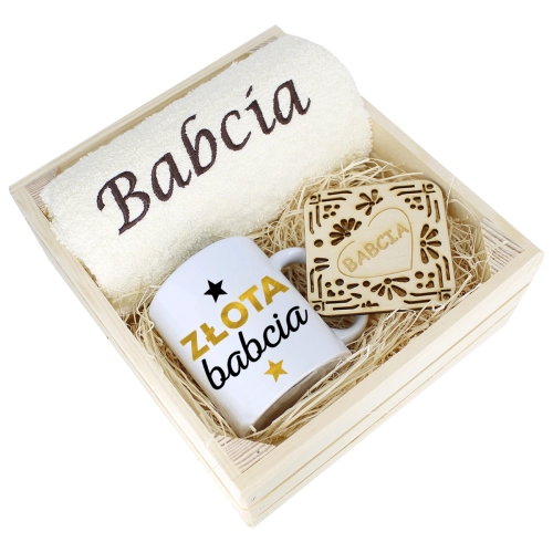 SUPER PREZENT DLA BABCI RĘCZNIK + KUBEK SKRZYNKA