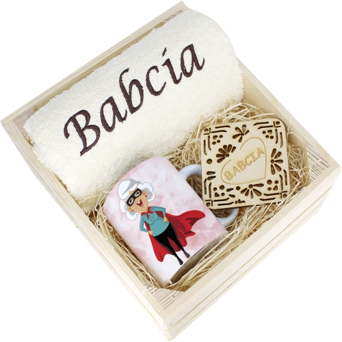 SUPER PREZENT DLA BABCI RĘCZNIK + KUBEK SKRZYNKA
