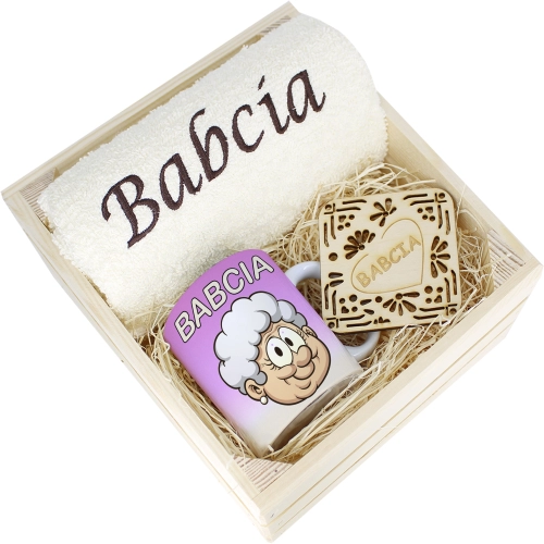 SUPER PREZENT DLA BABCI RĘCZNIK + KUBEK SKRZYNKA