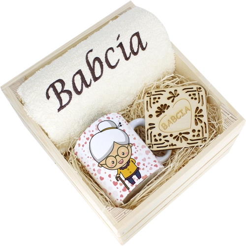 SUPER PREZENT DLA BABCI RĘCZNIK + KUBEK SKRZYNKA