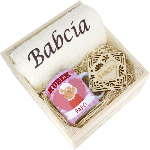 SUPER PREZENT DLA BABCI RĘCZNIK + KUBEK SKRZYNKA