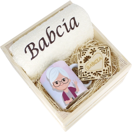 SUPER PREZENT DLA BABCI RĘCZNIK + KUBEK SKRZYNKA