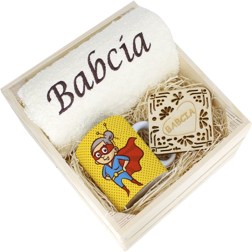 SUPER PREZENT DLA BABCI RĘCZNIK + KUBEK SKRZYNKA