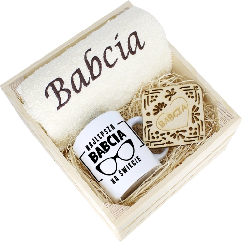 SUPER PREZENT DLA BABCI RĘCZNIK + KUBEK SKRZYNKA