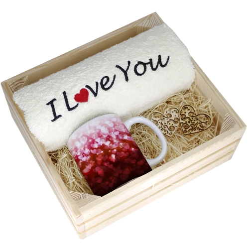 KOMPLET PREZENT KUBEK RĘCZNIK SKRZYNKA WALENTYNKI