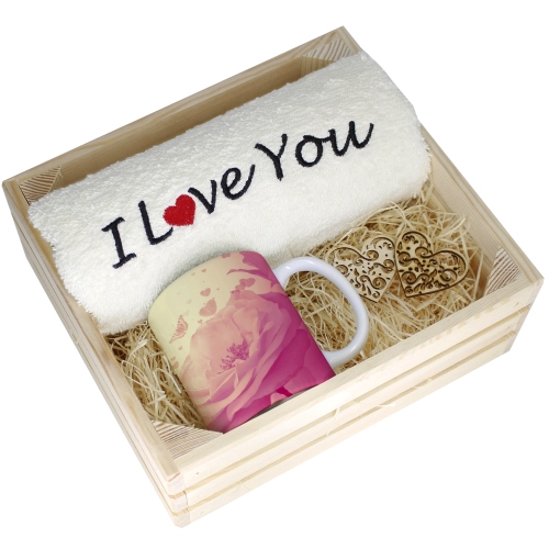 KOMPLET PREZENT KUBEK RĘCZNIK SKRZYNKA WALENTYNKI