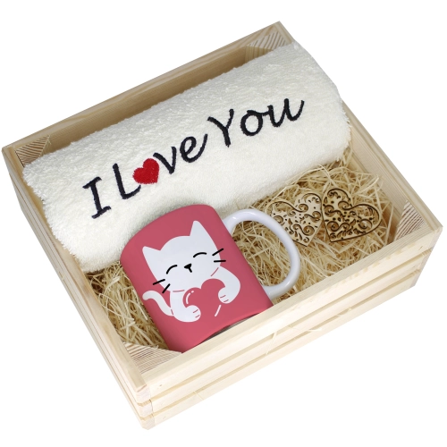 KOMPLET PREZENT KUBEK RĘCZNIK SKRZYNKA WALENTYNKI