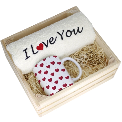 KOMPLET PREZENT KUBEK RĘCZNIK SKRZYNKA WALENTYNKI