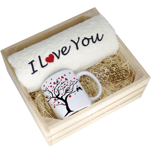 KOMPLET PREZENT KUBEK RĘCZNIK SKRZYNKA WALENTYNKI