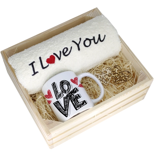 KOMPLET PREZENT KUBEK RĘCZNIK SKRZYNKA WALENTYNKI