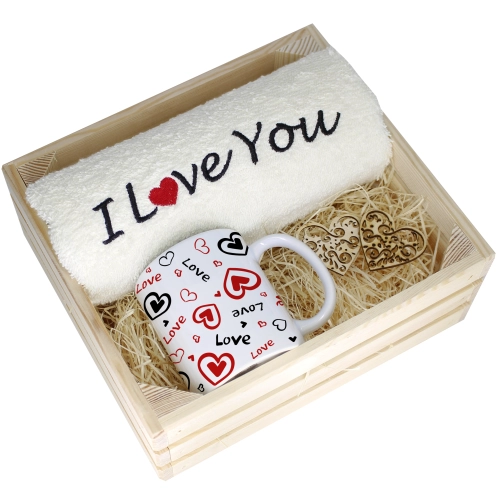 KOMPLET PREZENT KUBEK RĘCZNIK SKRZYNKA WALENTYNKI