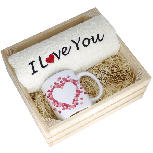 KOMPLET PREZENT KUBEK RĘCZNIK SKRZYNKA WALENTYNKI