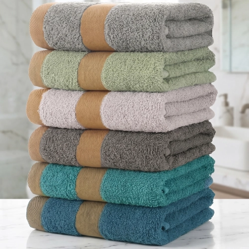 Złożony komplet 6 chłonnych ręczników do rąk i twarzy PRIMO 50x100 cm w kolorach ziemi z elegancką żakardową bordiurą na