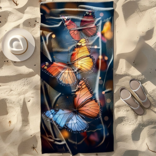 Szybkoschnący ręcznik plażowy z mikrofibry w trzy kolorowe motyle rozłożony na piasku obok białego kapelusza i klapków.