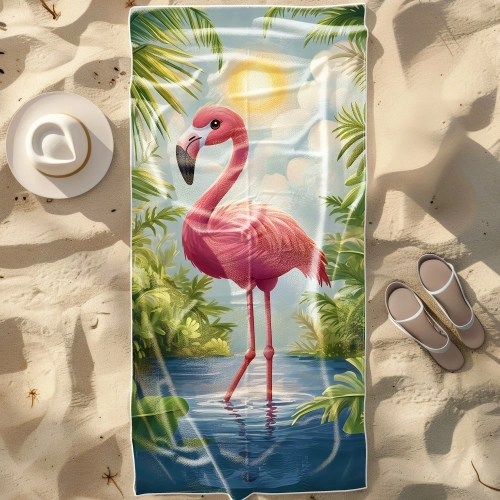 Ręcznik plażowy z mikrofibry z różowym flamingiem i tropikalnymi roślinami, rozłożony na piasku obok kapelusza i klapków