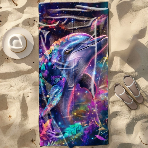Szybkoschnący ręcznik plażowy z mikrofibry z magicznym, kosmicznym delfinem, rozłożony na piasku obok kapelusza i klapkó