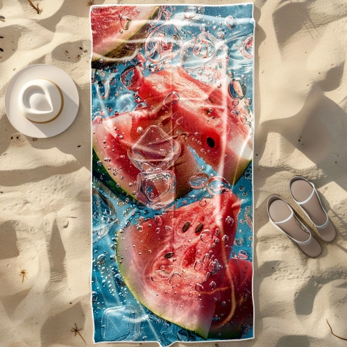 Szybkoschnący ręcznik plażowy z mikrofibry ze wzorem soczystych arbuzów, rozłożony na piasku obok białego kapelusza - Tw