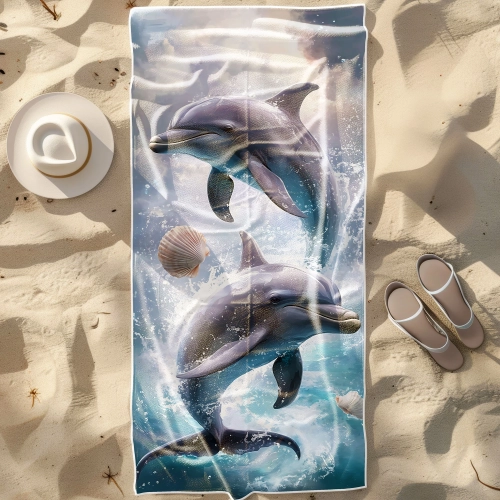 Duży ręcznik plażowy XXL z mikrofibry ze wzorem skaczących delfinów i muszli, rozłożony na piasku obok kapelusza - TwójD