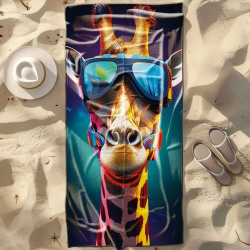 Duży ręcznik plażowy XXL z mikrofibry ze wesołym portretem żyrafy w okularach, rozłożony na piasku obok kapelusza - Twój