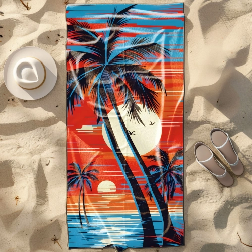 Duży ręcznik plażowy XXL z mikrofibry w wakacyjny wzór retro zachodu słońca, rozłożony na piasku obok kapelusza