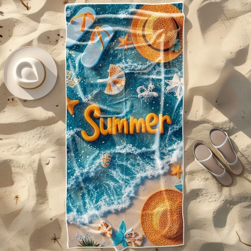 Szybkoschnący ręcznik plażowy z mikrofibry w realistyczny wzór plaży i oceanu z napisem Summer, rozłożony obok kapelusza