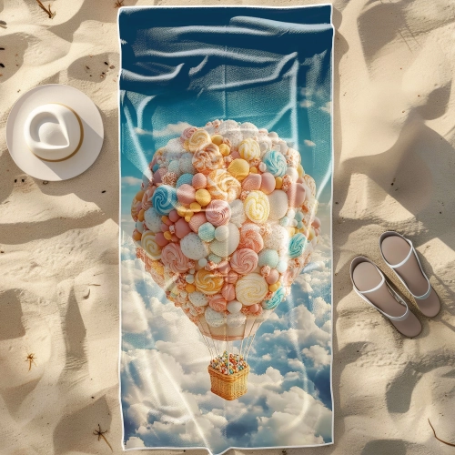 Duży ręcznik plażowy XXL z mikrofibry we wzór słodkiego balonu z cukierków rozłożony na piasku obok kapelusza