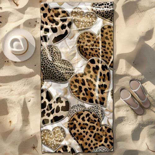 Duży ręcznik plażowy XXL z mikrofibry w drapieżny wzór w panterkę, rozłożony na piasku obok kapelusza