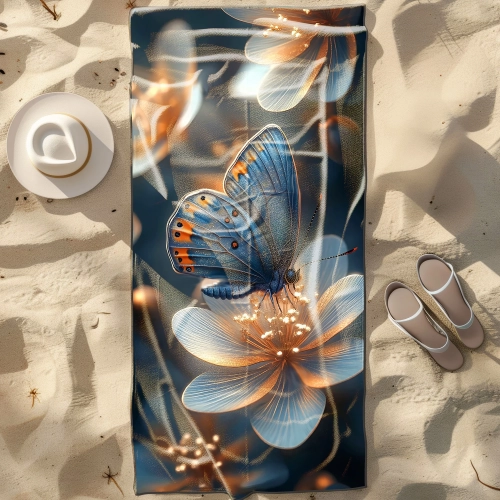 Luksusowy ręcznik plażowy XXL z motylem i złotymi kwiatami płasko na piasku obok fedory - TwójDomNa5.pl