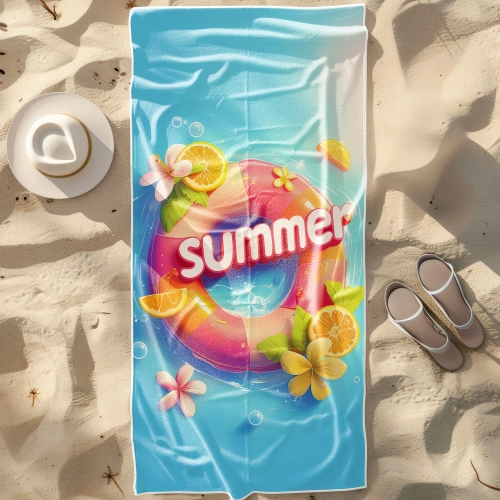 Duży ręcznik plażowy XXL z kółkiem do pływania i napisem summer na piasku - TwójDomNa5.pl
