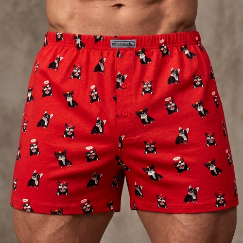 Czerwone bokserki męskie wzorzyste 100% bawełna psy na modelu Cotton World