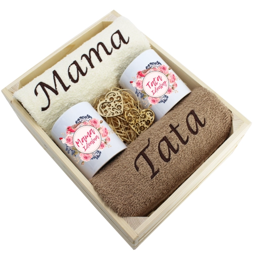 PREZENT DLA MAMY I TATY KOMPLET RĘCZNIKI + KUBKI