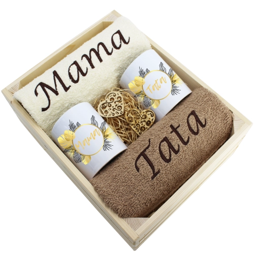 PREZENT DLA MAMY I TATY KOMPLET RĘCZNIKI + KUBKI