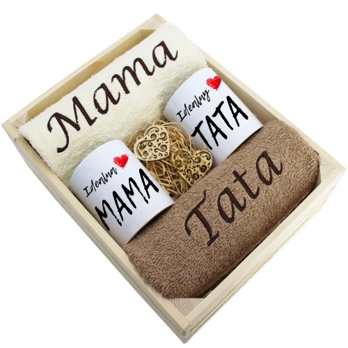 PREZENT DLA MAMY I TATY KOMPLET RĘCZNIKI + KUBKI